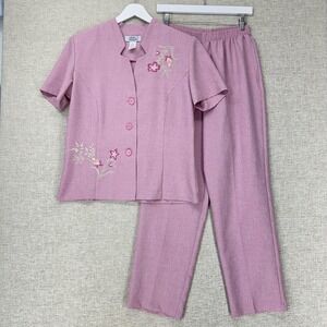 Adrian Delafield Pants Set Womens Medium‎ Pink 2 Piece Floral Embroidered Outfit